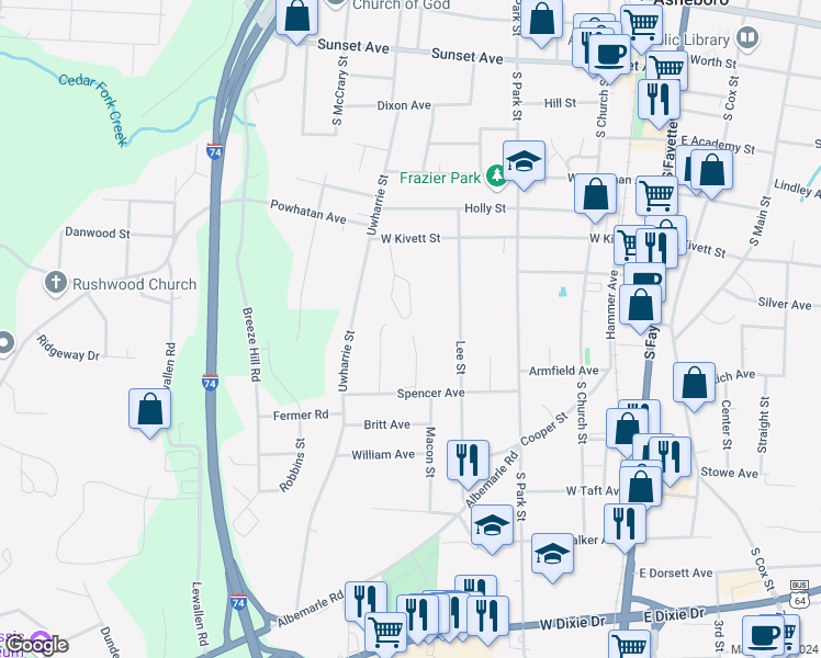 map of restaurants, bars, coffee shops, grocery stores, and more near 806 Windermere Court in Asheboro