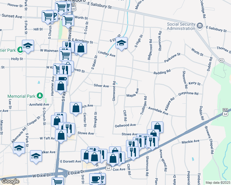 map of restaurants, bars, coffee shops, grocery stores, and more near 715 Glenwood Road in Asheboro
