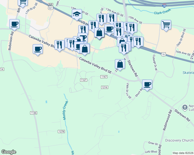 map of restaurants, bars, coffee shops, grocery stores, and more near 2065 21st Avenue Southeast in Hickory