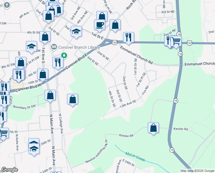 map of restaurants, bars, coffee shops, grocery stores, and more near 1104 4th Street Drive Southeast in Conover
