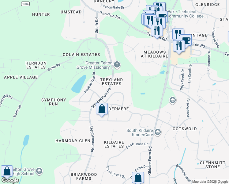 map of restaurants, bars, coffee shops, grocery stores, and more near 227 Shillings Chase Drive in Cary