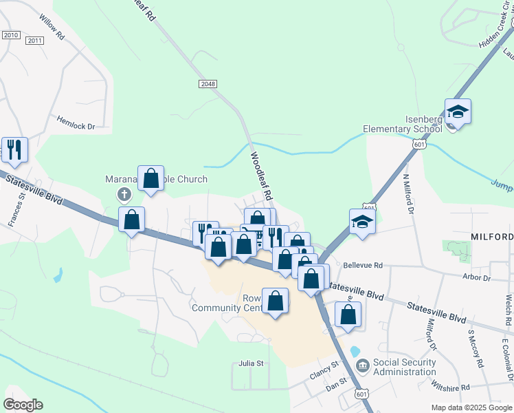 map of restaurants, bars, coffee shops, grocery stores, and more near 2205 Woodleaf Road in Salisbury