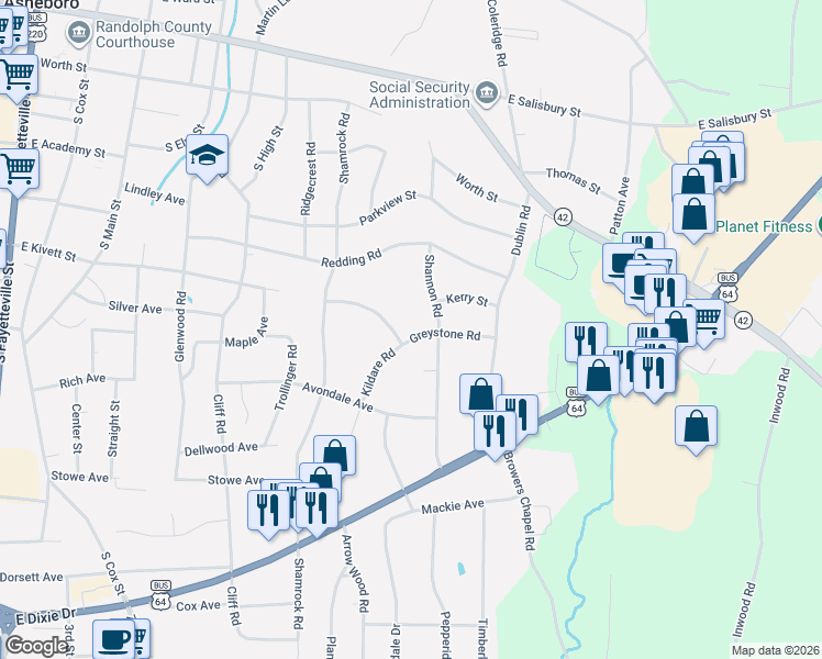 map of restaurants, bars, coffee shops, grocery stores, and more near 924 Greystone Road in Asheboro