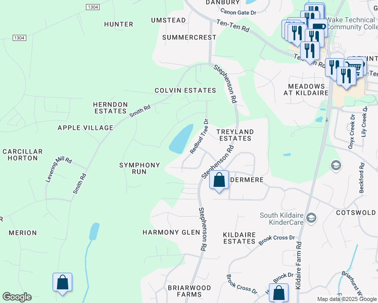 map of restaurants, bars, coffee shops, grocery stores, and more near 2370 Redbud Tree Drive in Apex