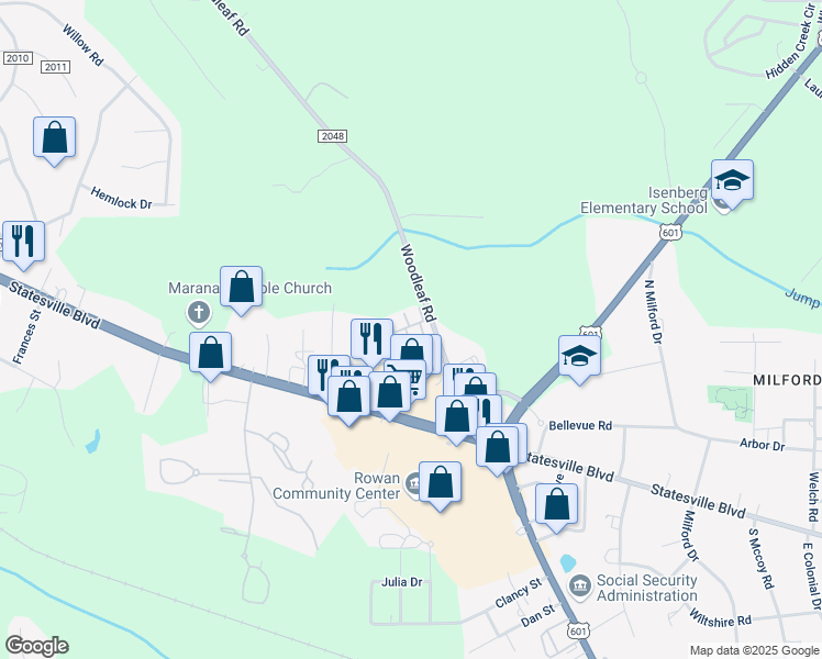 map of restaurants, bars, coffee shops, grocery stores, and more near 2205 Woodleaf Road in Salisbury