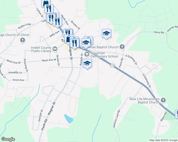 map of restaurants, bars, coffee shops, grocery stores, and more near 305 Rumple Street in Troutman