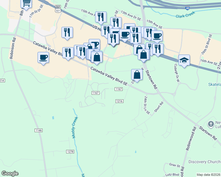 map of restaurants, bars, coffee shops, grocery stores, and more near 2065 21st Avenue Southeast in Hickory