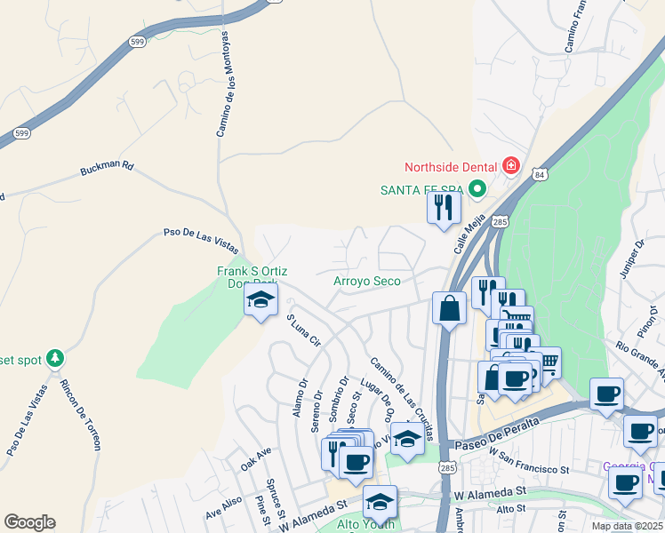 map of restaurants, bars, coffee shops, grocery stores, and more near 111 Michelle Drive in Santa Fe