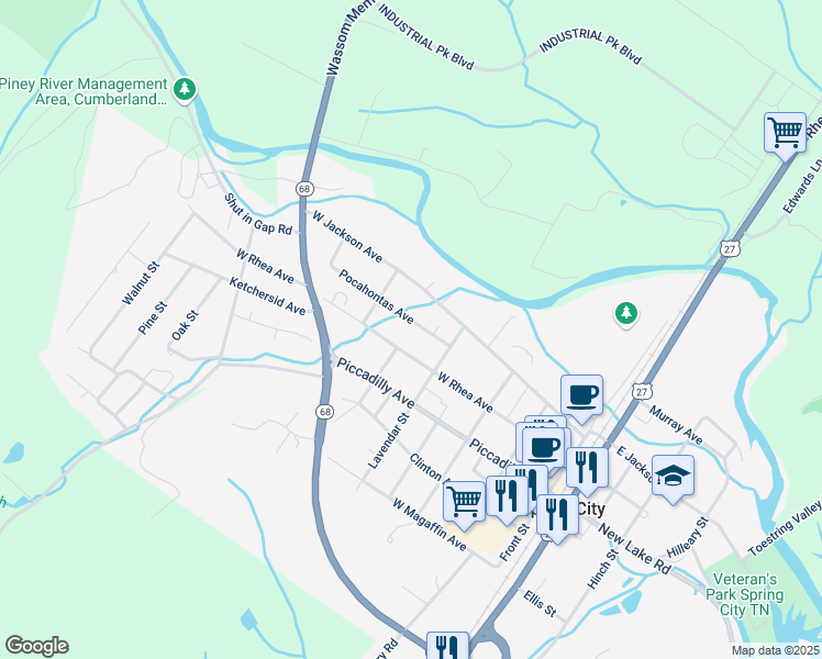 map of restaurants, bars, coffee shops, grocery stores, and more near 527 West Rhea Avenue in Spring City