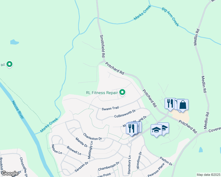 map of restaurants, bars, coffee shops, grocery stores, and more near 209 Landry Court in Clayton