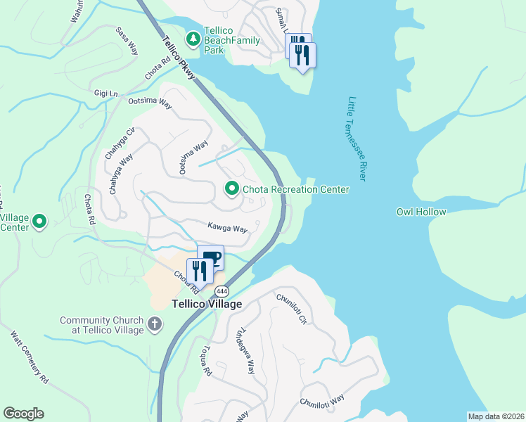 map of restaurants, bars, coffee shops, grocery stores, and more near 205 Kawga Lane in Loudon