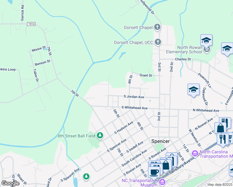 map of restaurants, bars, coffee shops, grocery stores, and more near 500 South Jordan Avenue in Spencer