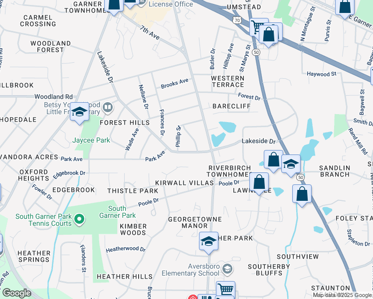 map of restaurants, bars, coffee shops, grocery stores, and more near 804 Lakeside Drive in Garner