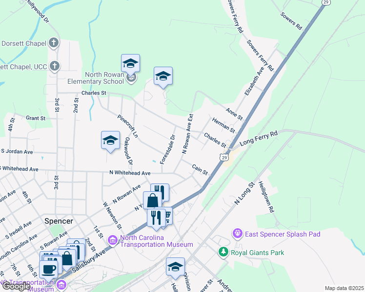 map of restaurants, bars, coffee shops, grocery stores, and more near 413 North Rowan Avenue Extension in Spencer