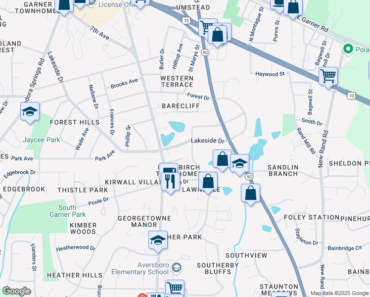 map of restaurants, bars, coffee shops, grocery stores, and more near 806 Lawndale Street in Garner