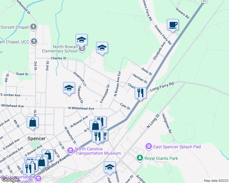 map of restaurants, bars, coffee shops, grocery stores, and more near 413 North Rowan Avenue Extension in Spencer
