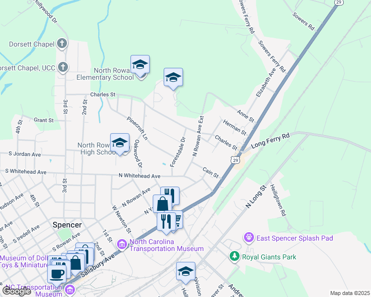 map of restaurants, bars, coffee shops, grocery stores, and more near 420 Forestdale Drive in Spencer