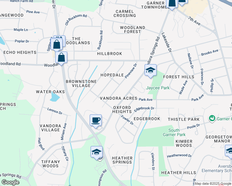 map of restaurants, bars, coffee shops, grocery stores, and more near 1407 Pineview Drive in Garner