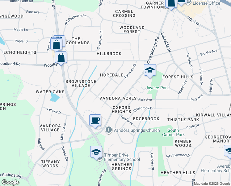 map of restaurants, bars, coffee shops, grocery stores, and more near 1407 Pineview Drive in Garner