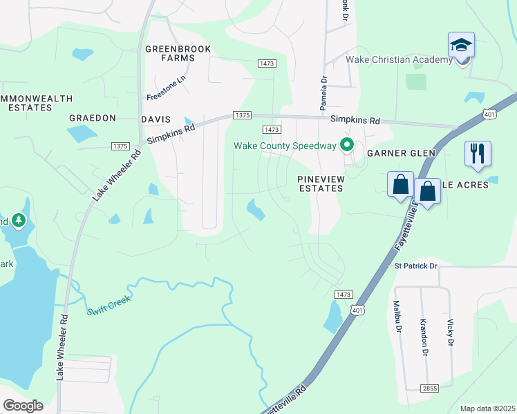 map of restaurants, bars, coffee shops, grocery stores, and more near 2505 Simpkins Road in Raleigh