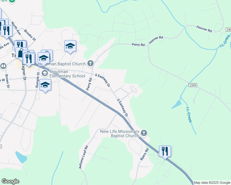 map of restaurants, bars, coffee shops, grocery stores, and more near 505 South Eastway Drive in Troutman