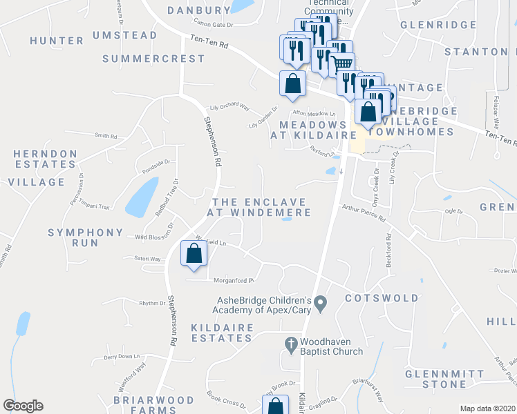 map of restaurants, bars, coffee shops, grocery stores, and more near 400 Allenhurst Place in Cary