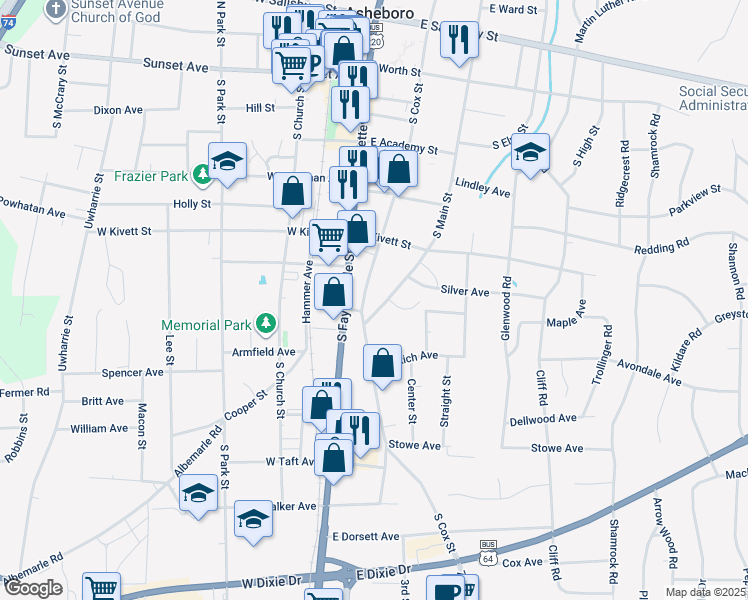 map of restaurants, bars, coffee shops, grocery stores, and more near 719 South Cox Street in Asheboro