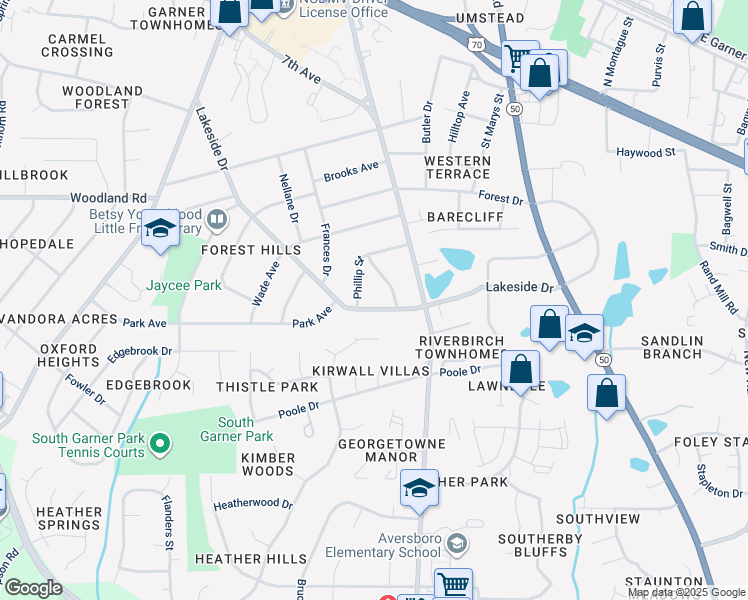 map of restaurants, bars, coffee shops, grocery stores, and more near 804 Lakeside Drive in Garner