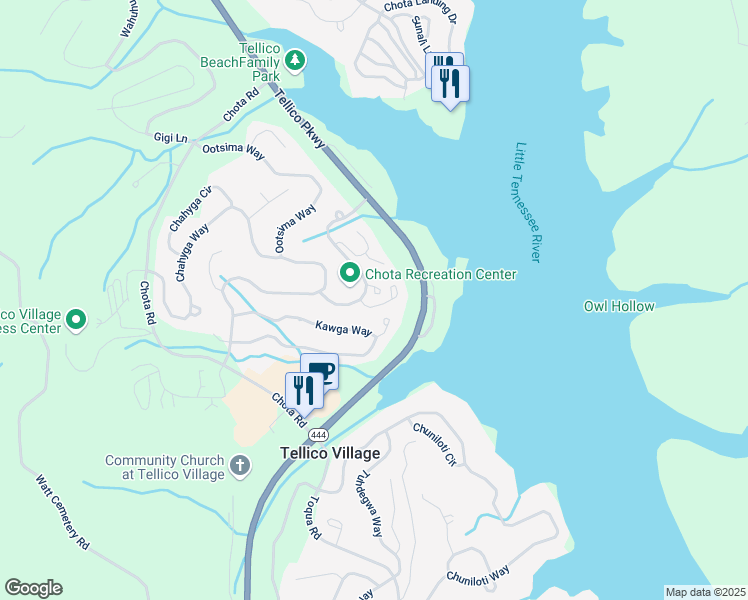 map of restaurants, bars, coffee shops, grocery stores, and more near 103 Chota Hills Trce in Loudon