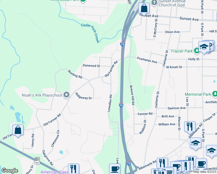 map of restaurants, bars, coffee shops, grocery stores, and more near 611 Lewallen Road in Asheboro