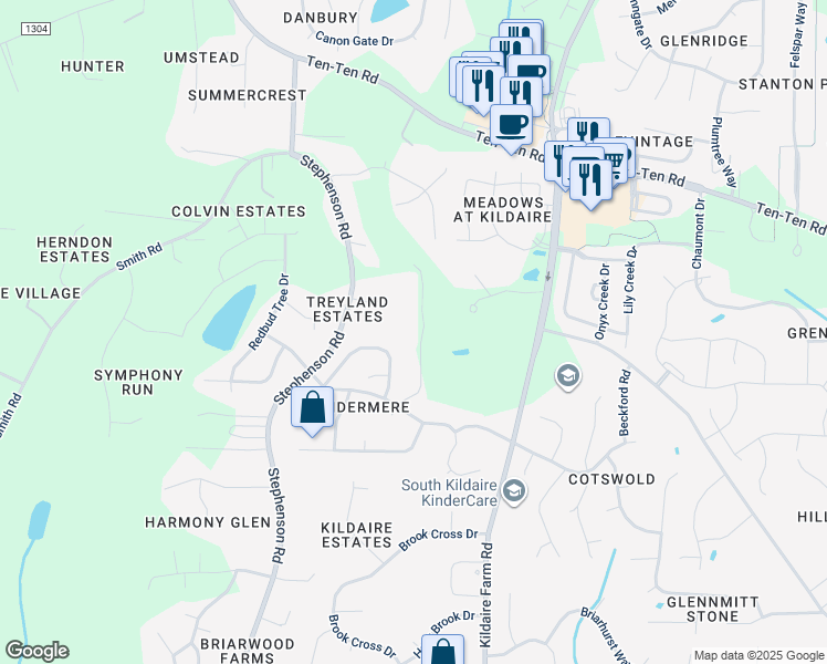 map of restaurants, bars, coffee shops, grocery stores, and more near 400 Allenhurst Place in Cary