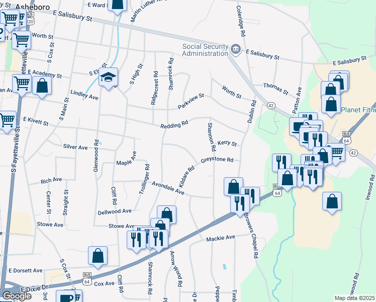 map of restaurants, bars, coffee shops, grocery stores, and more near 863 Greystone Road in Asheboro