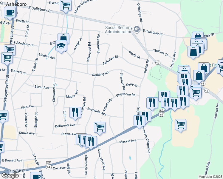map of restaurants, bars, coffee shops, grocery stores, and more near 863 Greystone Road in Asheboro