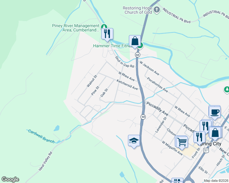 map of restaurants, bars, coffee shops, grocery stores, and more near 145 Oak Street in Spring City