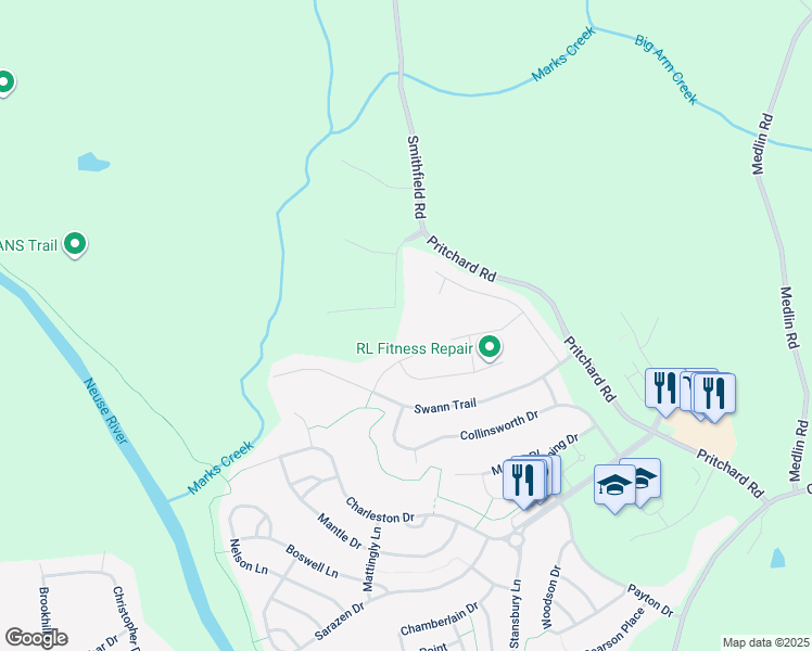 map of restaurants, bars, coffee shops, grocery stores, and more near 227 North Grande Overlook Drive in Clayton