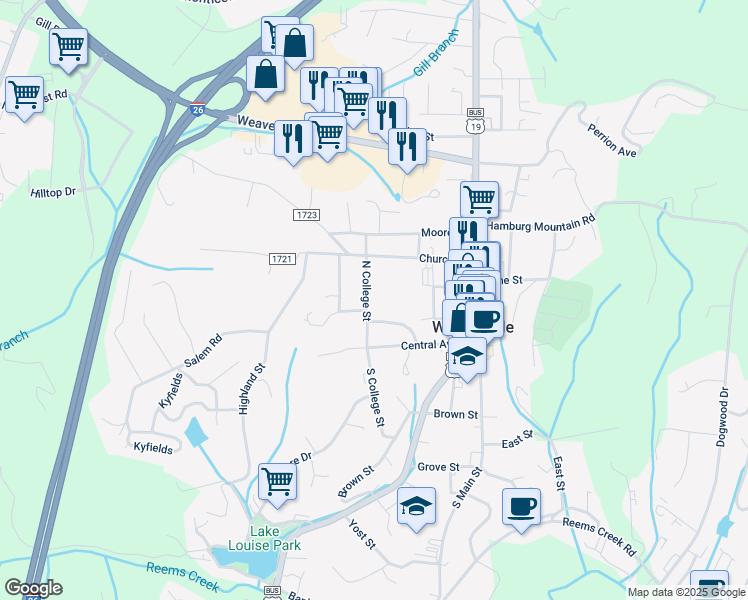 map of restaurants, bars, coffee shops, grocery stores, and more near 31 North College Street in Weaverville