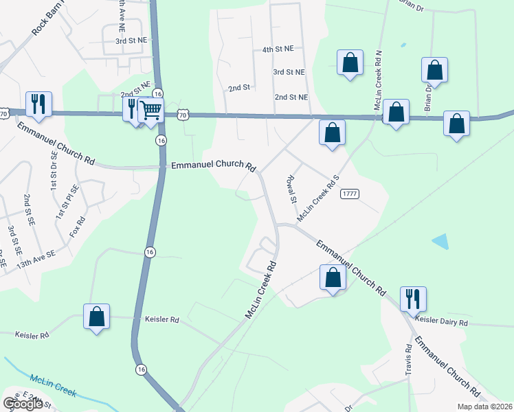 map of restaurants, bars, coffee shops, grocery stores, and more near 1708 Emmanuel Church Rd in Conover