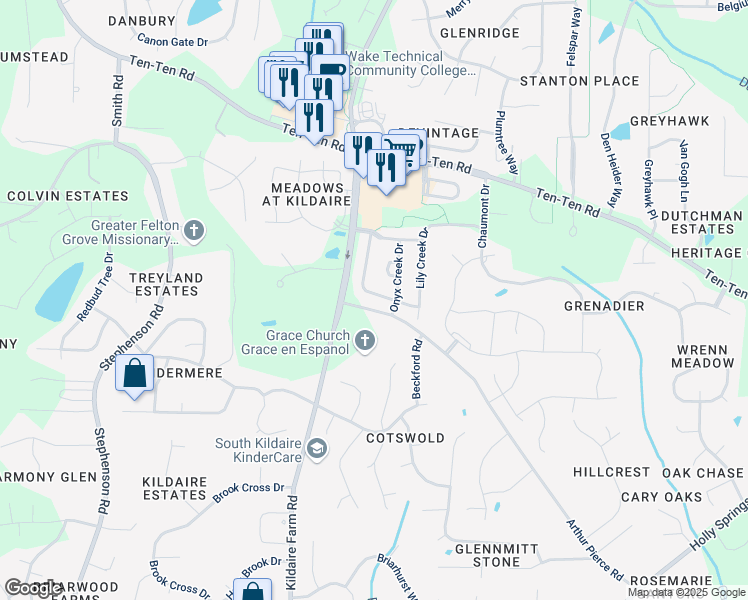 map of restaurants, bars, coffee shops, grocery stores, and more near 5116 Audreystone Drive in Cary