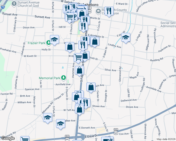 map of restaurants, bars, coffee shops, grocery stores, and more near 719 South Cox Street in Asheboro