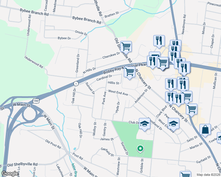 map of restaurants, bars, coffee shops, grocery stores, and more near 115 Hillis Street in McMinnville