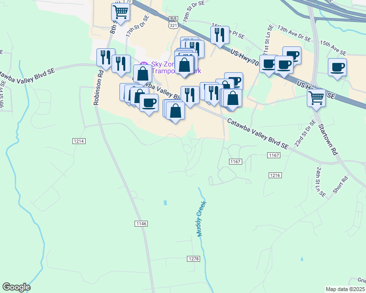 map of restaurants, bars, coffee shops, grocery stores, and more near 3445 Valley Arbors Drive in Hickory