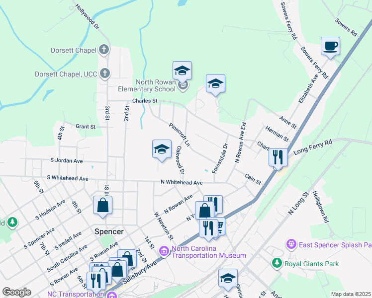 map of restaurants, bars, coffee shops, grocery stores, and more near 301 Pinecroft Lane in Spencer