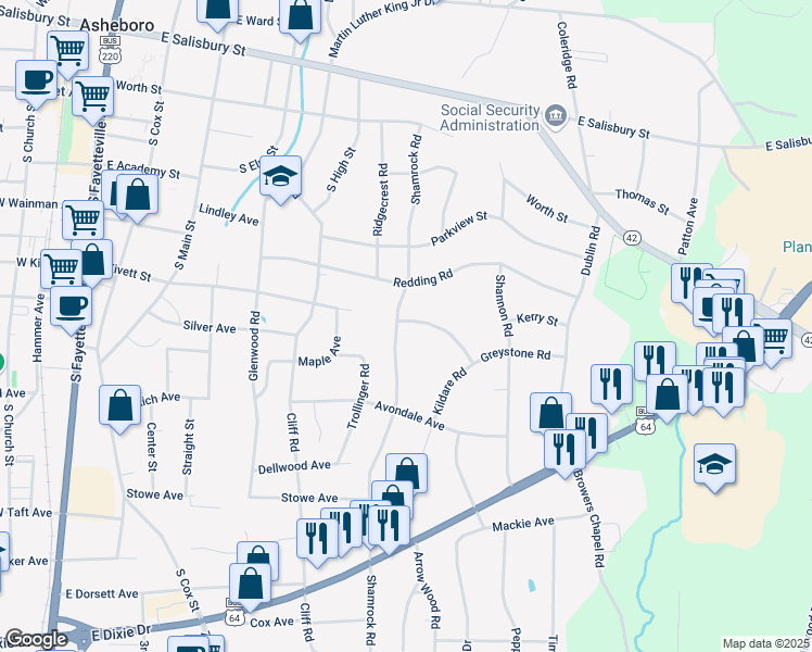 map of restaurants, bars, coffee shops, grocery stores, and more near 805 Greystone Road in Asheboro