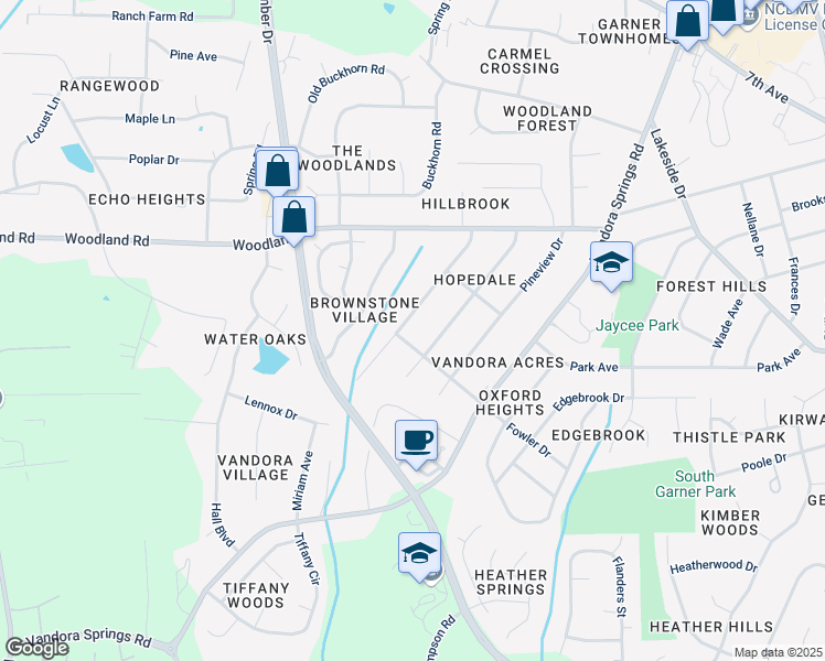 map of restaurants, bars, coffee shops, grocery stores, and more near 1419 Valley Road in Garner
