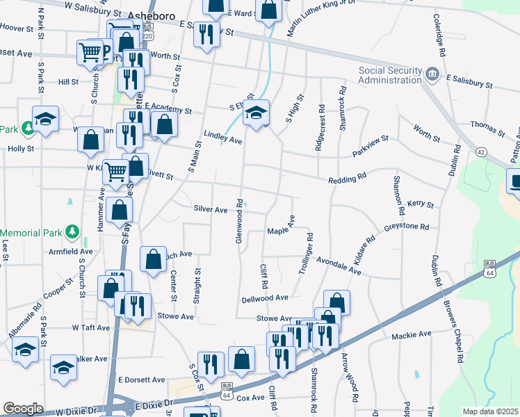 map of restaurants, bars, coffee shops, grocery stores, and more near 503 Silver Avenue in Asheboro