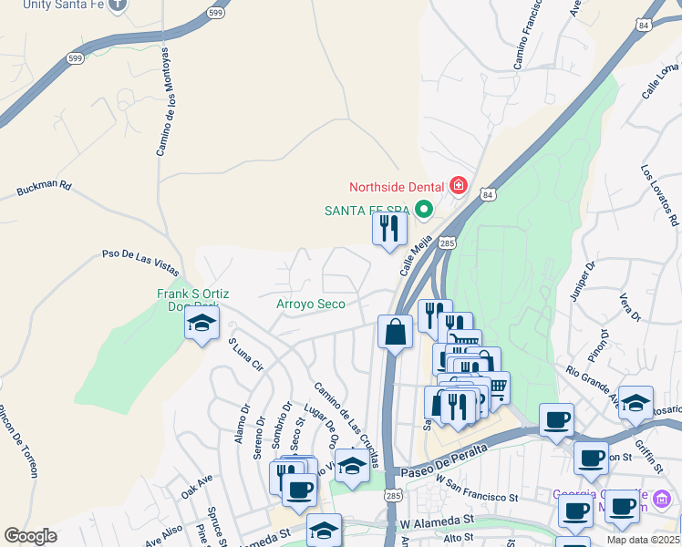 map of restaurants, bars, coffee shops, grocery stores, and more near 100 Rio Vista Place in Santa Fe
