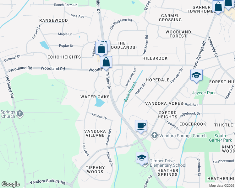 map of restaurants, bars, coffee shops, grocery stores, and more near 1420 Brompton Lane in Garner