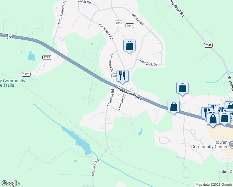 map of restaurants, bars, coffee shops, grocery stores, and more near 145 Majolica Road in Salisbury