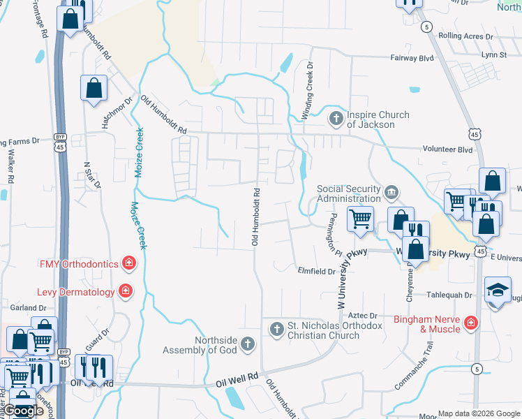 map of restaurants, bars, coffee shops, grocery stores, and more near 577 Old Humboldt Road in Jackson