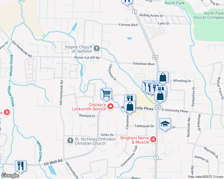 map of restaurants, bars, coffee shops, grocery stores, and more near 104 Trace Drive in Jackson